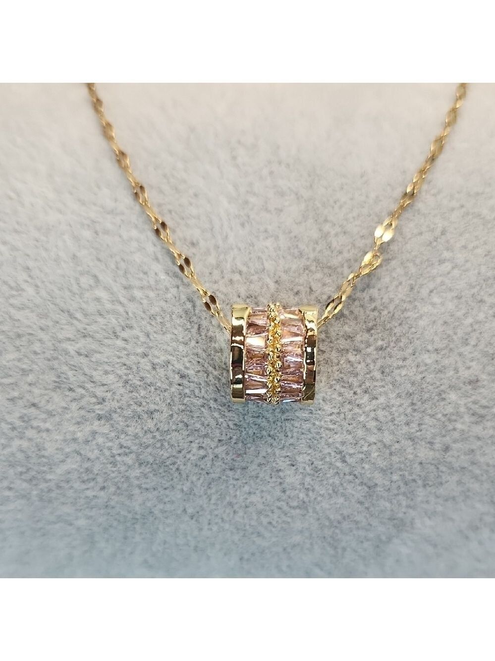 18k Gold Plated Stainless Steel Simulated Pink Diamond Barrel Pendant Necklace